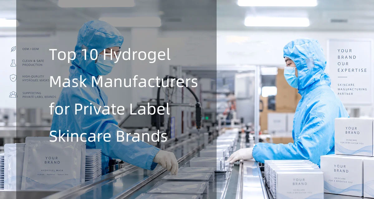 Two lab workers in blue protective suits and masks working on a production line with hydrogel mask packages.